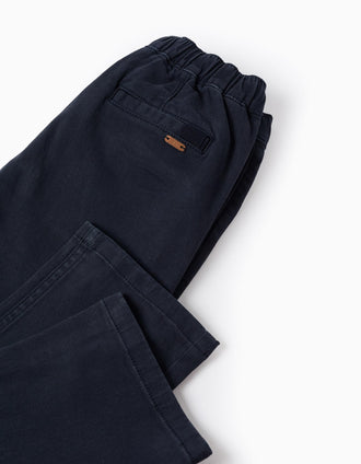 Calças Chino de Sarja com Cordão para Menino 'Straight Fit', Azul Escuro