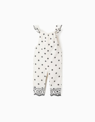 Cotton Bamboula Jumpsuit with Embroidery for Girls, White/Black