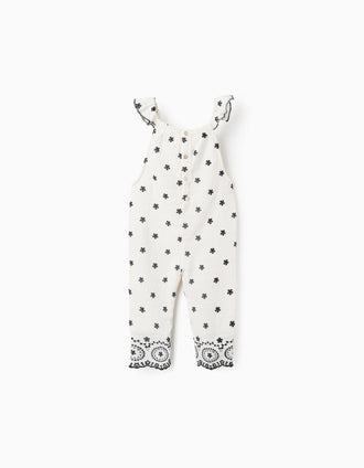 Cotton Bamboula Jumpsuit with Embroidery for Girls, White/Black