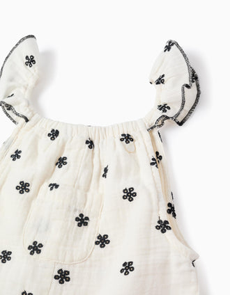 Cotton Bamboula Jumpsuit with Embroidery for Girls, White/Black