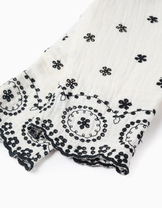 Cotton Bamboula Jumpsuit with Embroidery for Girls, White/Black