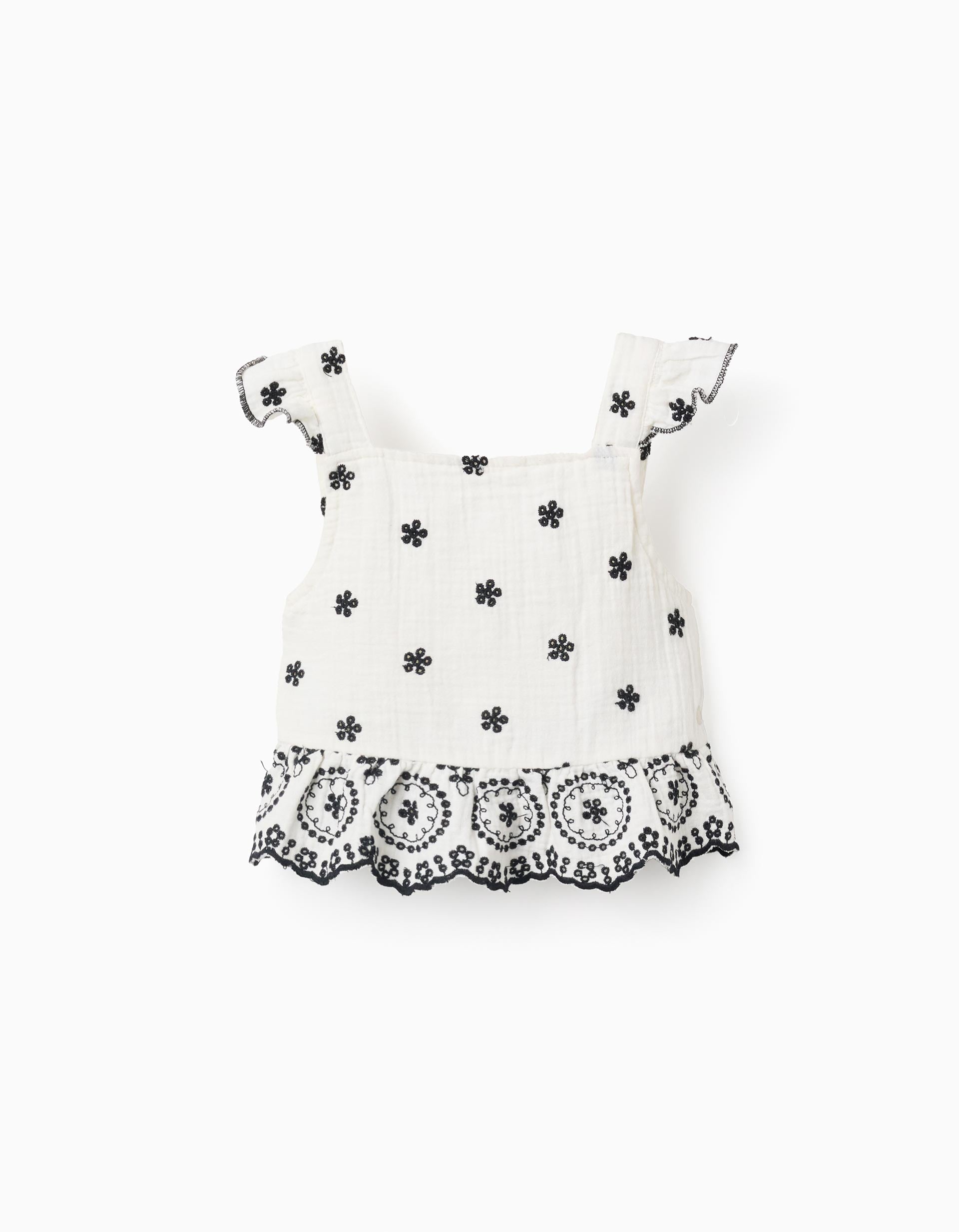 Cotton Bamboula Top with Embroidery for Baby Girls, White/Black