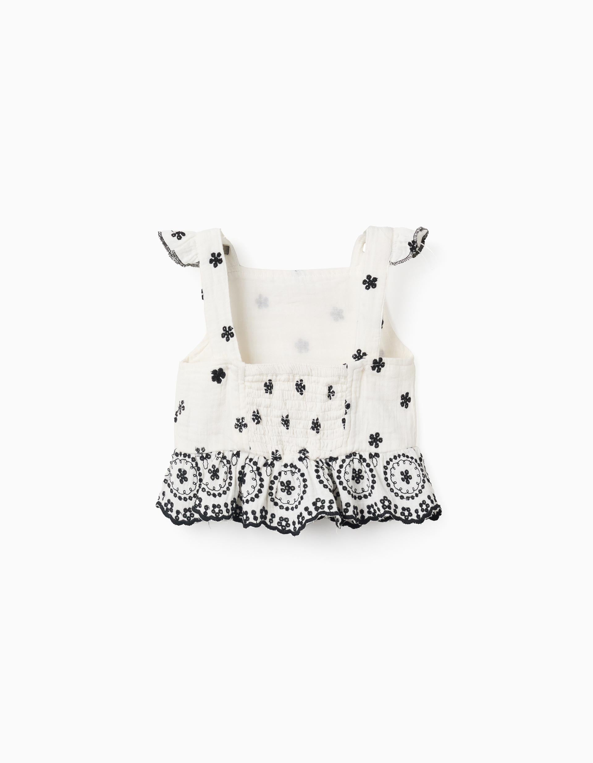 Cotton Bamboula Top with Embroidery for Baby Girls, White/Black