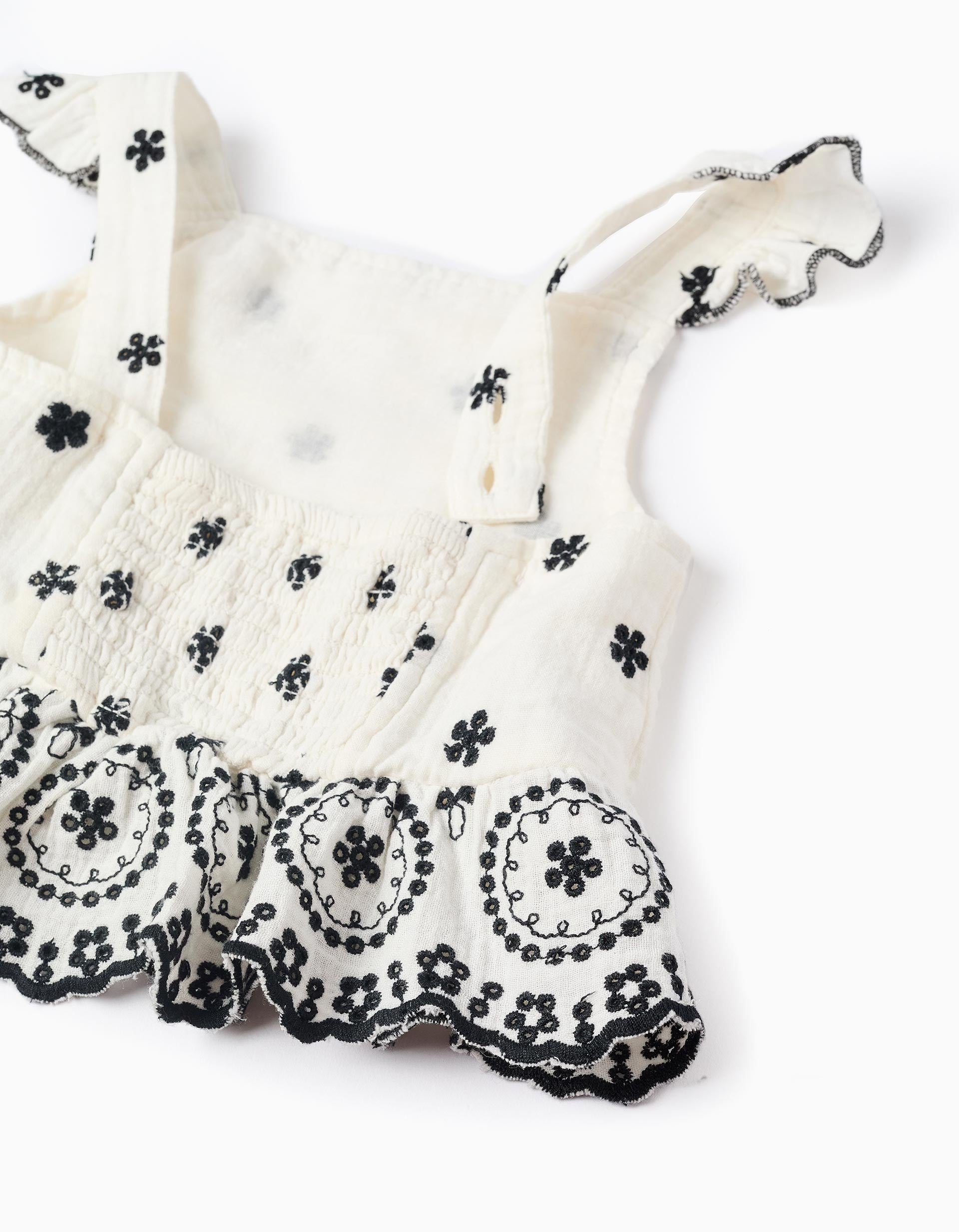 Cotton Bamboula Top with Embroidery for Baby Girls, White/Black