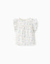 Blusa de Algodão Floral com Folhos para Menina, Branco/Azul/Rosa/Verde