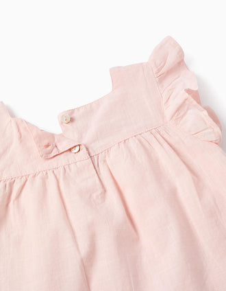 Slub Cotton Blouse with Ruffles for Baby Girls, Light Pink