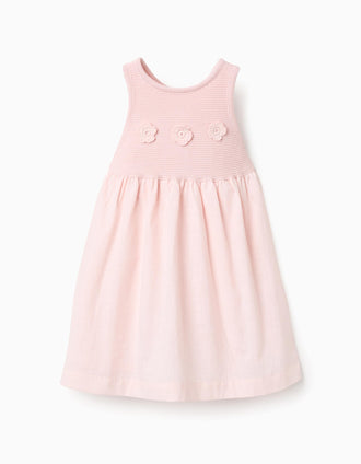 Dual-fabric Dress with Crochet Flowers for Baby Girls, Pink