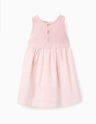 Dual-fabric Dress with Crochet Flowers for Baby Girls, Pink