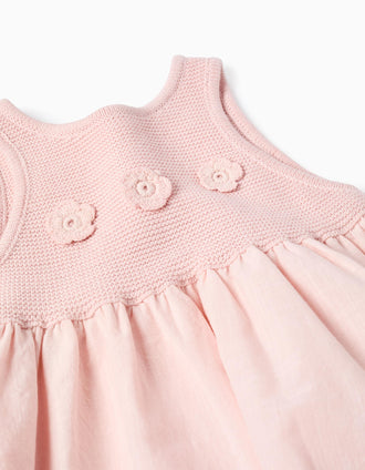Dual-fabric Dress with Crochet Flowers for Baby Girls, Pink