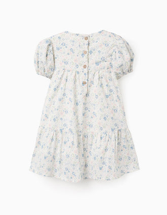 Cotton Floral Dress for Baby Girls, White/Blue/Pink/Green
