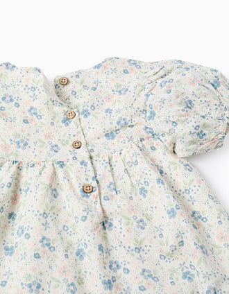 Cotton Floral Dress for Baby Girls, White/Blue/Pink/Green