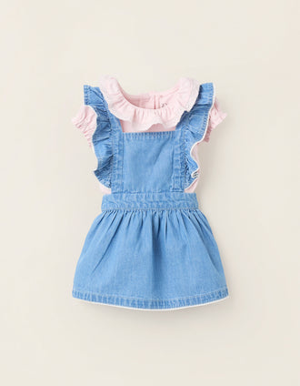 Body + Saia de Peito com Folhos para Recém-Nascida, Rosa/Azul