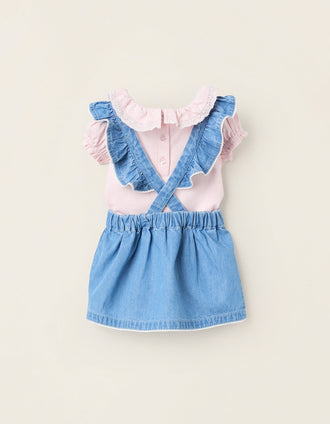 Body + Saia de Peito com Folhos para Recém-Nascida, Rosa/Azul