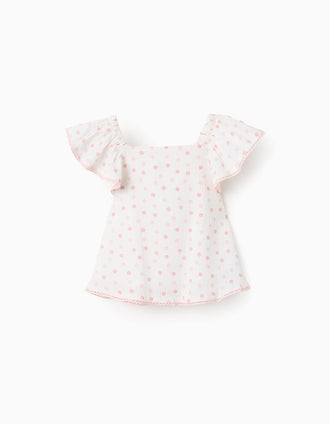 Floral Cotton Blouse for Baby Girls, White/Pink