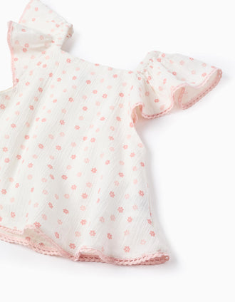 Floral Cotton Blouse for Baby Girls, White/Pink