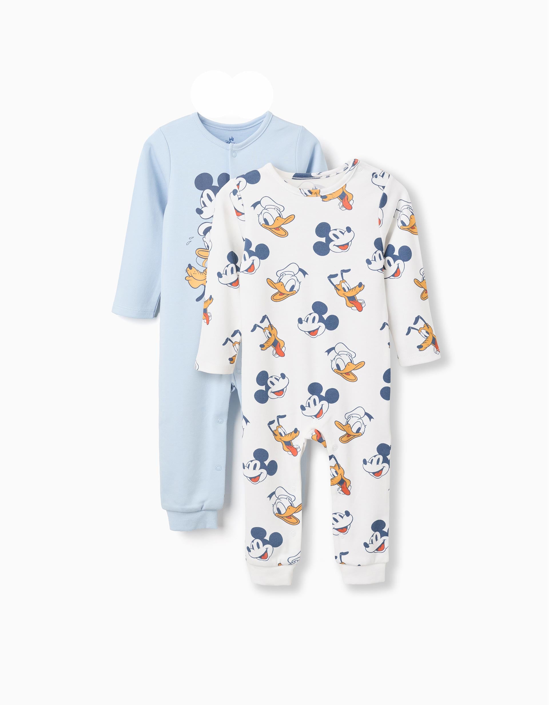 Pack of 2 Cotton Babygrows 'Mickey' for Baby Boys, White/Light Blue