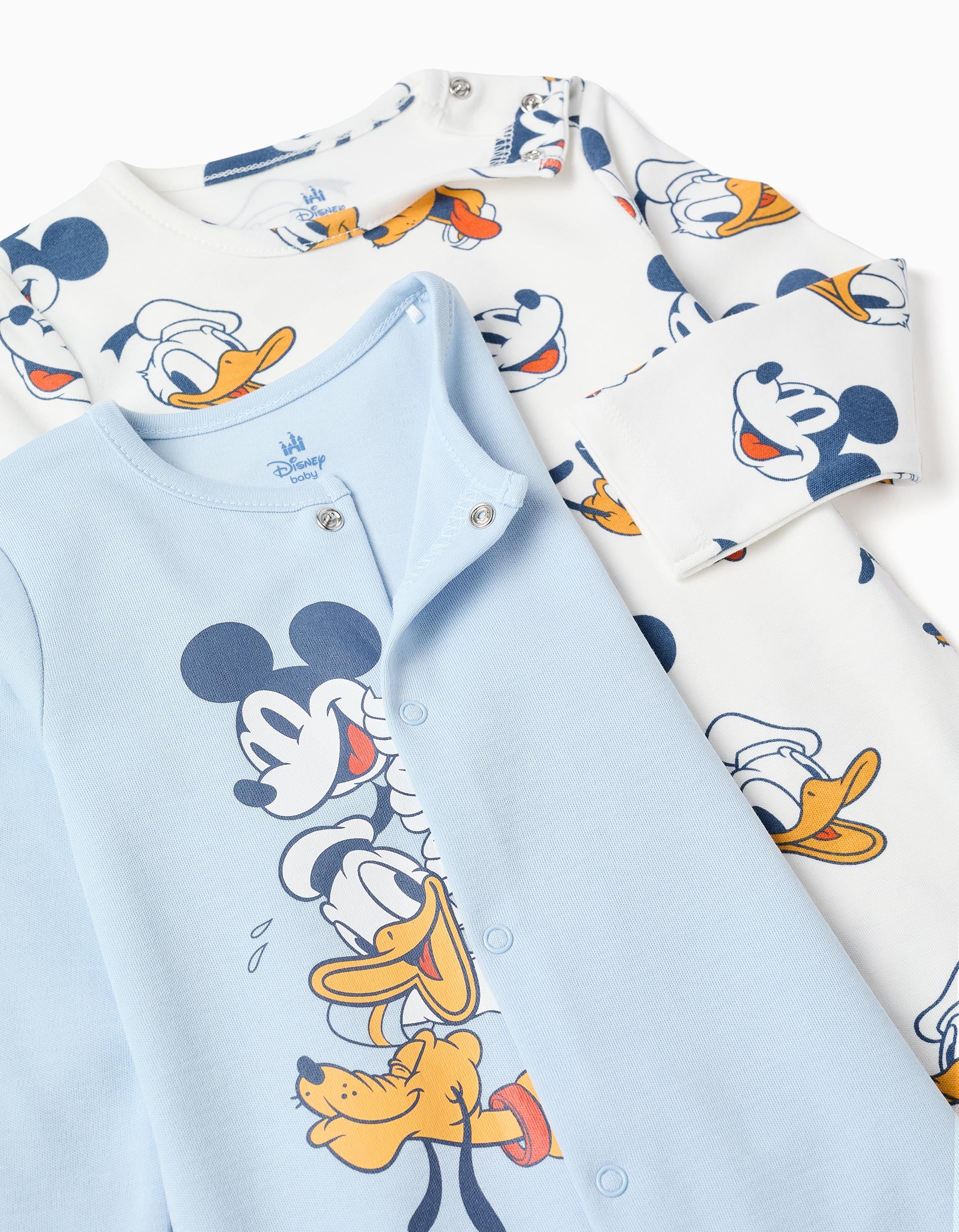 Pack of 2 Cotton Babygrows 'Mickey' for Baby Boys, White/Light Blue