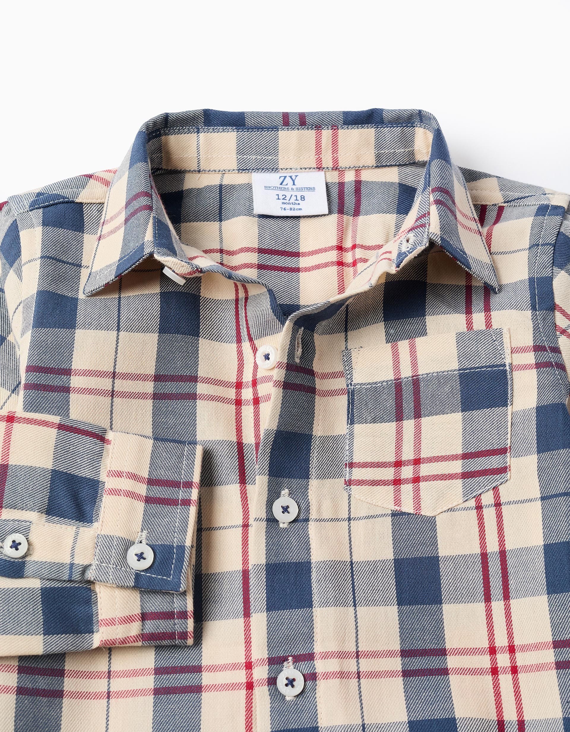 Camisa de algodão com xadrez 'B&S' para bebé menino, bege/azul/vermelho