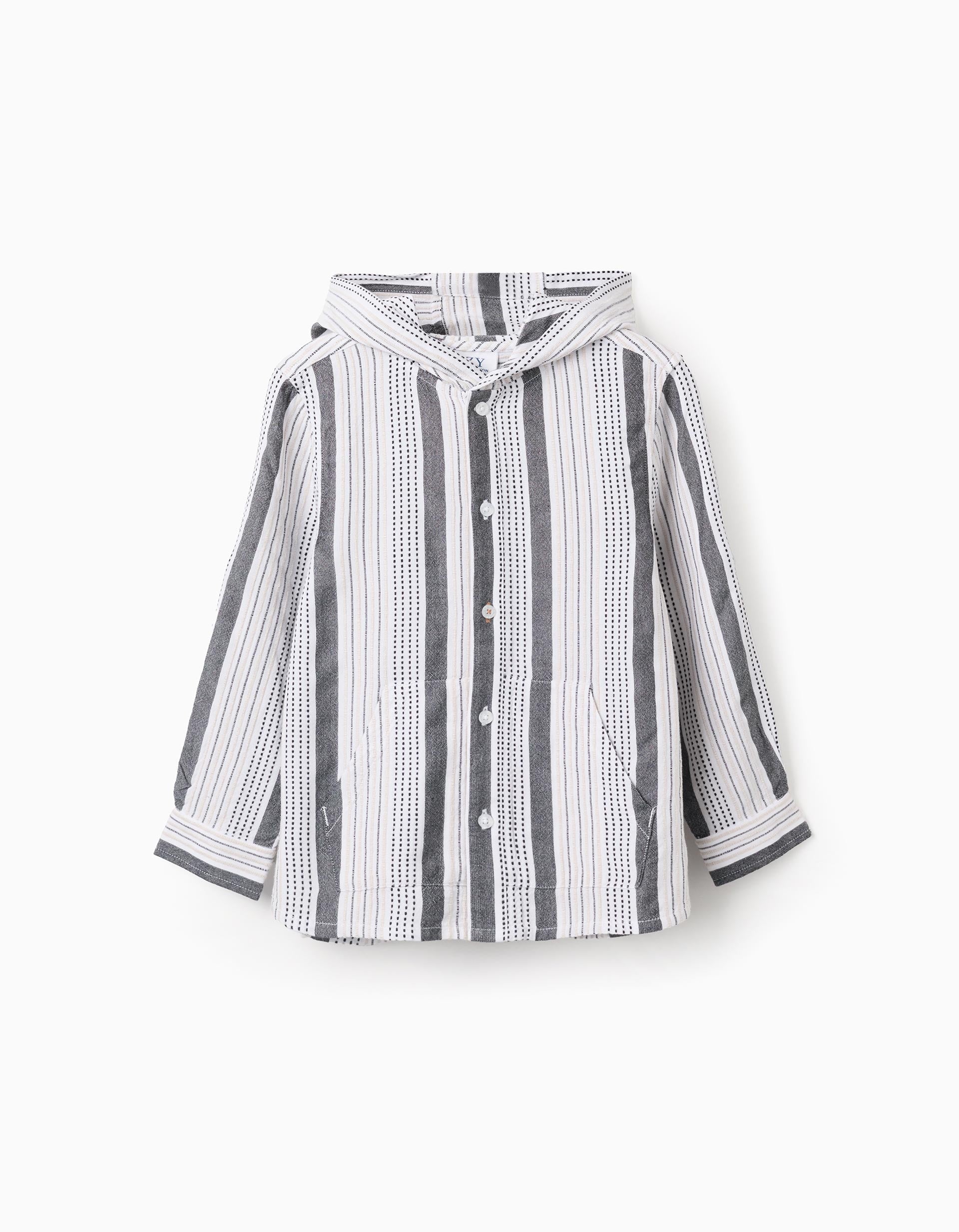 Hooded Shirt with Embossed Stripes for Boys, White/Beige/Grey