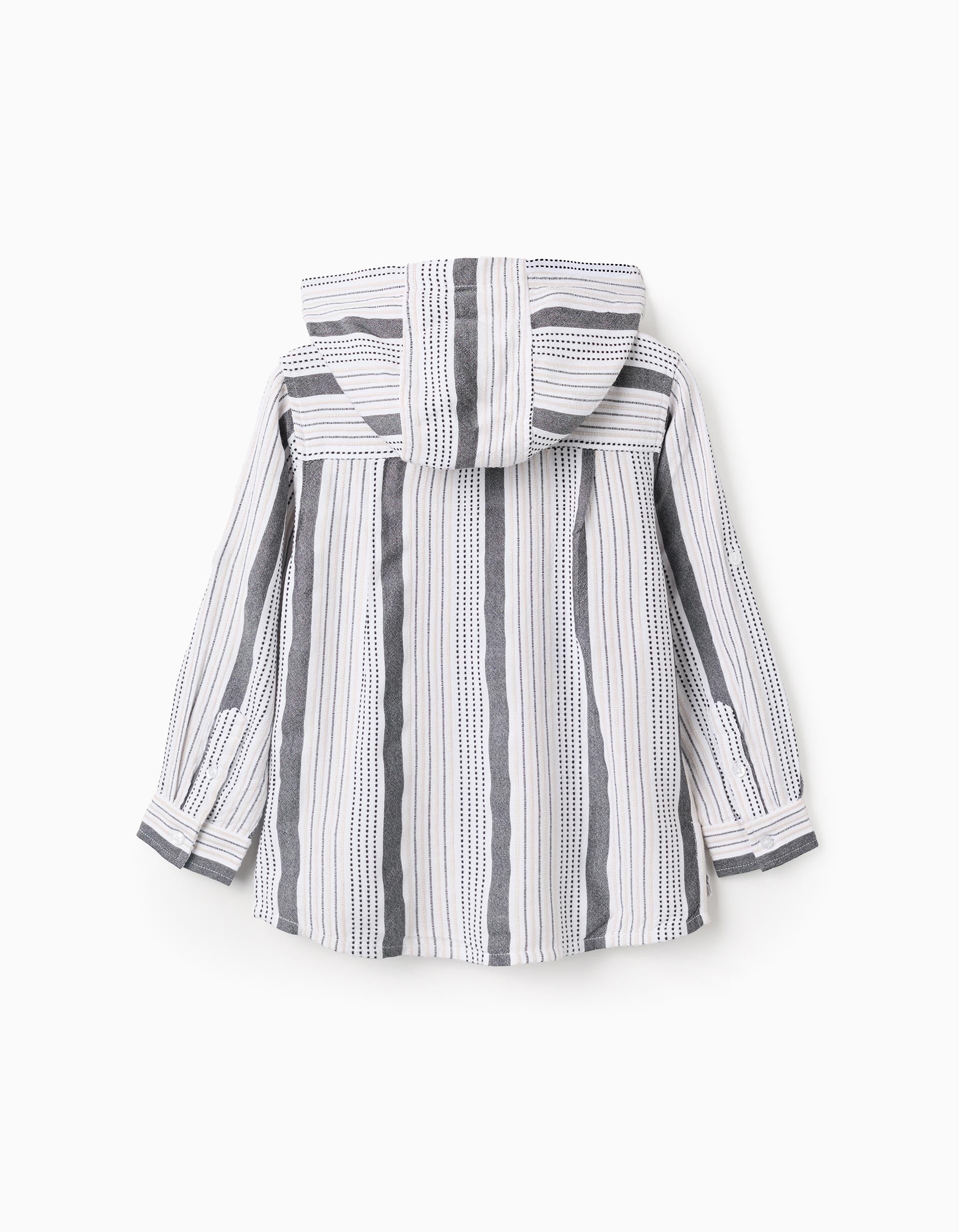 Hooded Shirt with Embossed Stripes for Boys, White/Beige/Grey