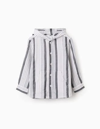 Camisa com Capuz com Riscas em Relevo para Menino, Branco/Bege/Cinza