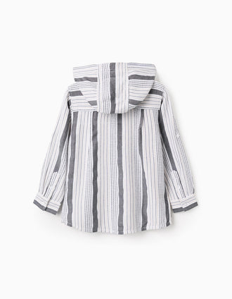 Camisa com Capuz com Riscas em Relevo para Menino, Branco/Bege/Cinza