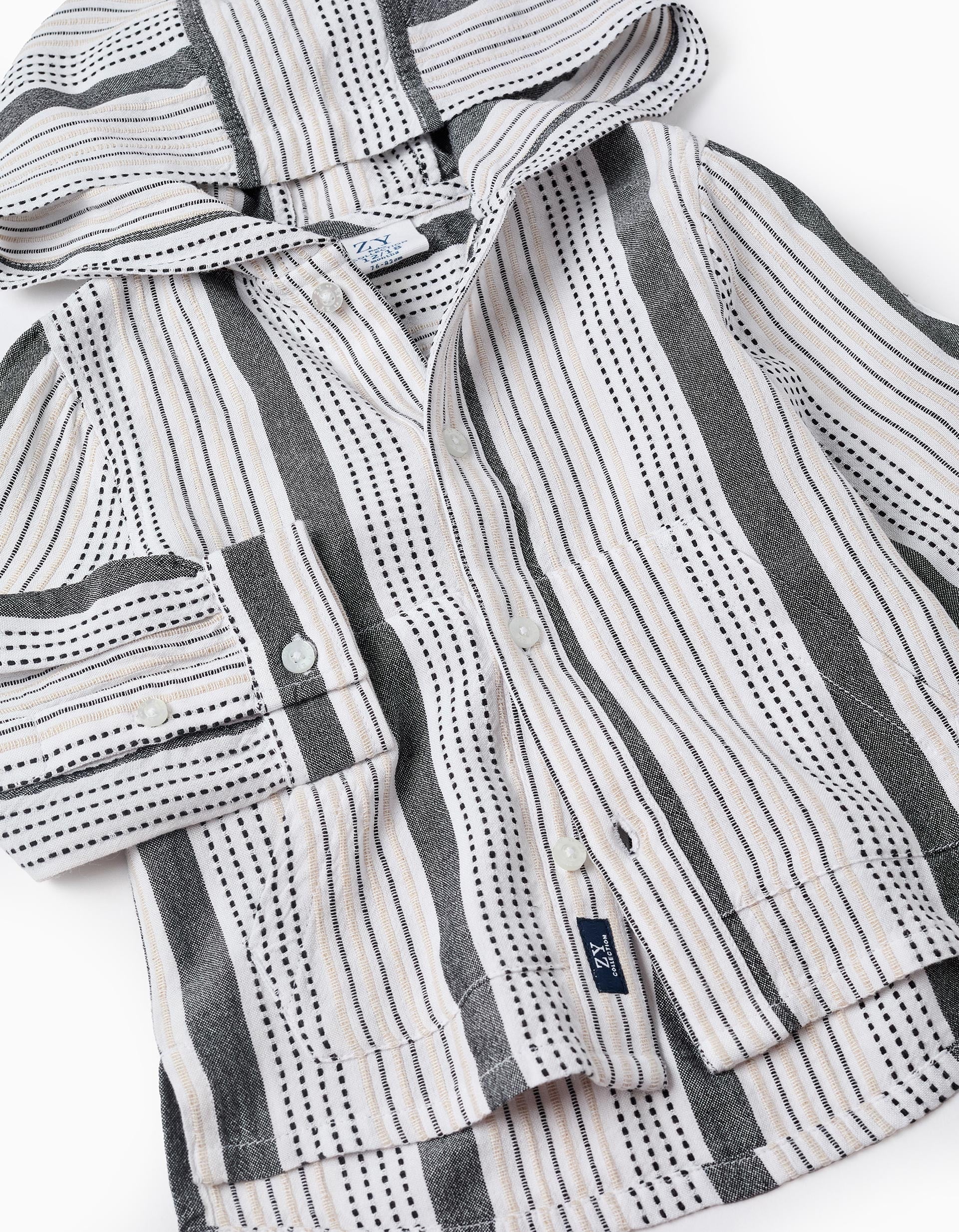 Hooded Shirt with Embossed Stripes for Baby Boys, Multicolour