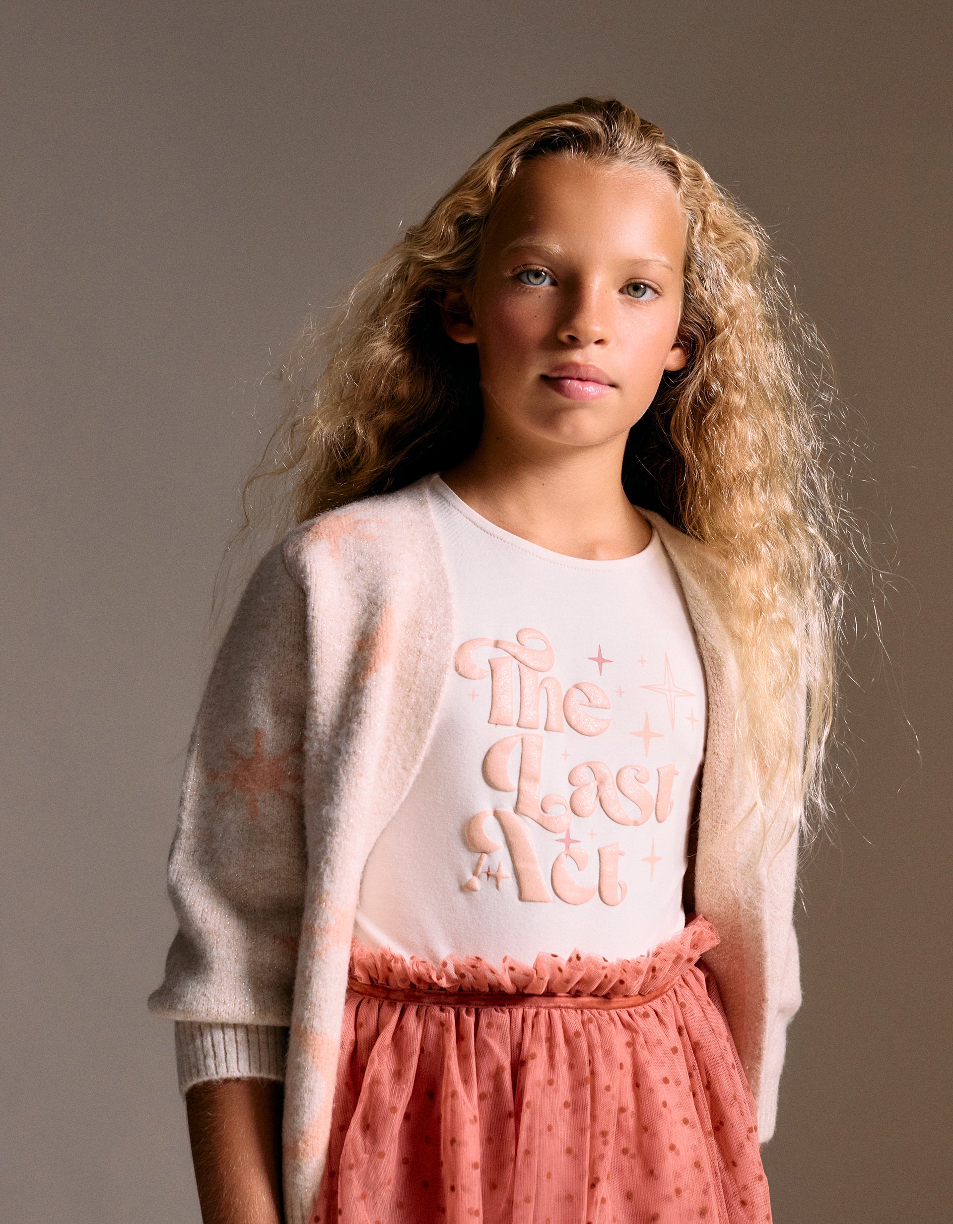 T-shirt de manga comprida com estampado em relevo para menina, bege