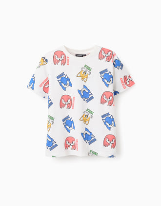 T-shirt de Algodão Estampada para Menino 'Sonic, Knuckles, Tails', Branco