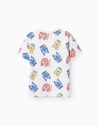 T-shirt de Algodão Estampada para Menino 'Sonic, Knuckles, Tails', Branco
