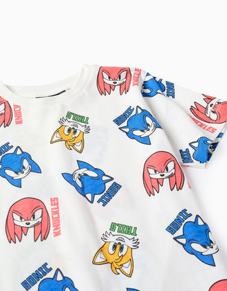 T-shirt de Algodão Estampada para Menino 'Sonic, Knuckles, Tails', Branco
