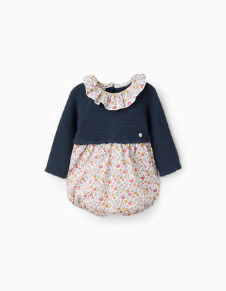 Macacão Combinado Floral para Recém-Nascida, Azul/Branco