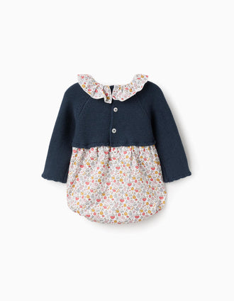 Macacão Combinado Floral para Recém-Nascida, Azul/Branco