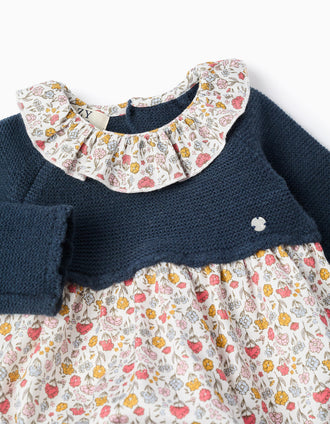 Macacão Combinado Floral para Recém-Nascida, Azul/Branco