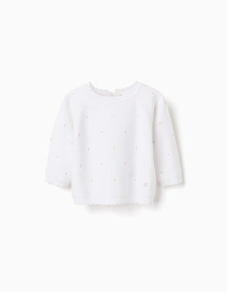 Camisola de malha com rebordo ondulado para recém-nascida, branco