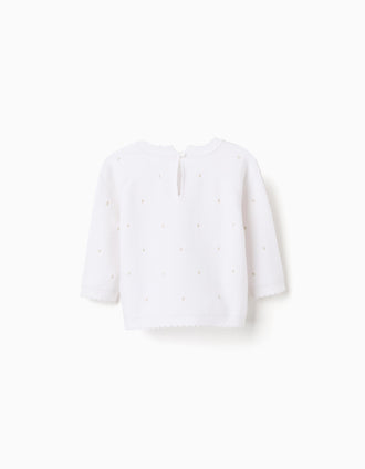 Camisola de malha com rebordo ondulado para recém-nascida, branco