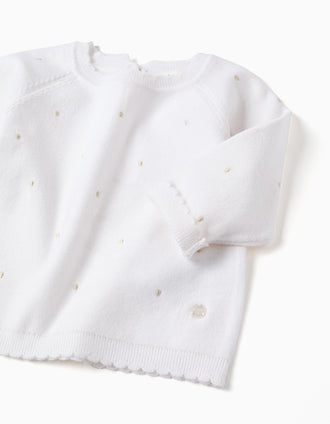Camisola de malha com rebordo ondulado para recém-nascida, branco