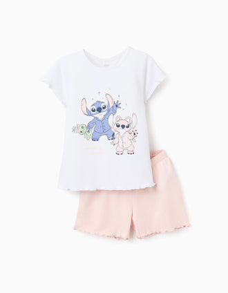 Pijama Curto Brilha no Escuro para Menina 'Stitch Angel', Branco/Rosa