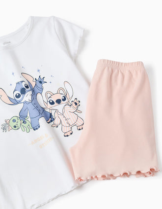 Pijama Curto Brilha no Escuro para Menina 'Stitch Angel', Branco/Rosa