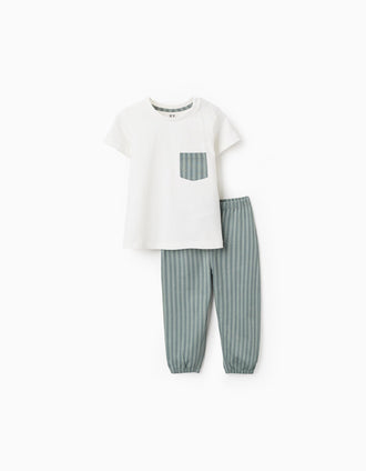 Pijama em Jersey de Algodão com Riscas para Bebé Menino, Branco/Verde