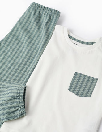 Pijama em Jersey de Algodão com Riscas para Bebé Menino, Branco/Verde