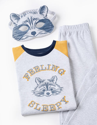 Cotton Pyjama with Raccoon Mask for Boys, Grey/Yellow