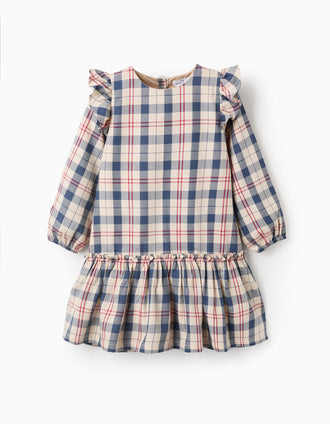 Vestido de Algodón a Cuadros para Niña 'B&S', Beige/Azul/Rojo