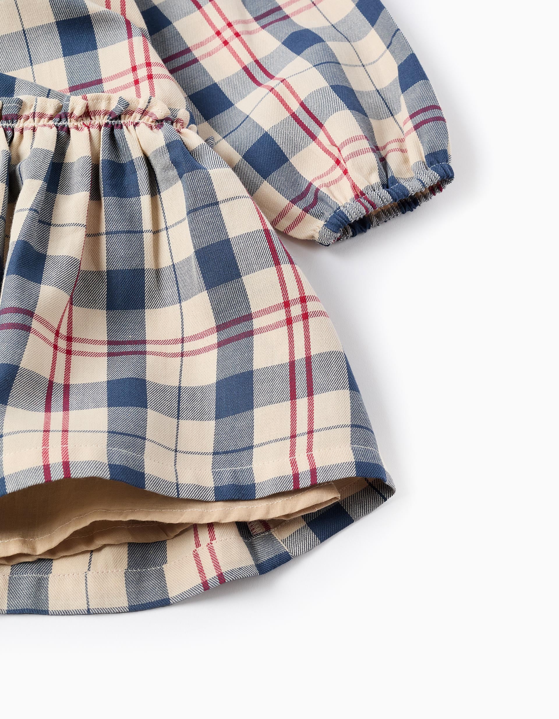 Checked Cotton Dress B&S for Girls, Beige/Blue/Red