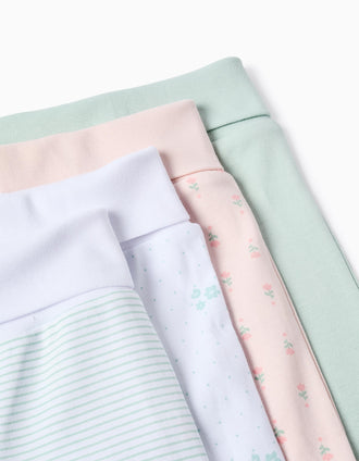 Pack of 4 Extra Comfy Trousers for Baby Girls 'Flowers', White/Green/Pink