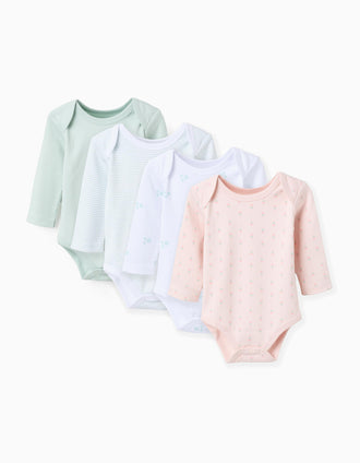 Lote de 4 Bodies de Algodón 'Flores' para Bebé Niña, Blanco/Verde/Rosa