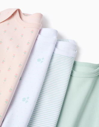Lote de 4 Bodies de Algodón 'Flores' para Bebé Niña, Blanco/Verde/Rosa
