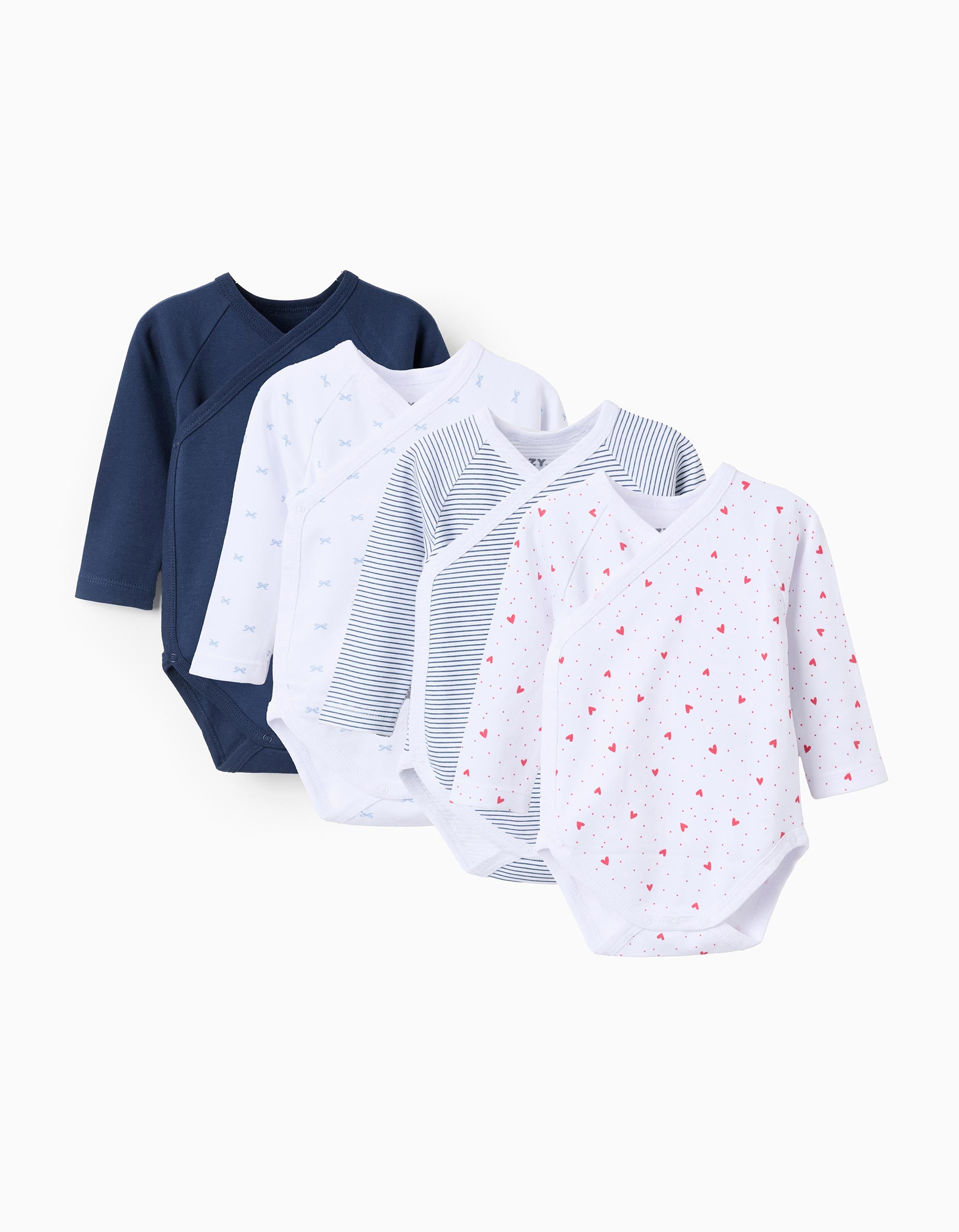 Lot de 4 Bodies Croisés 'Hearts' pour Bébé Fille, Blanc/Bleu