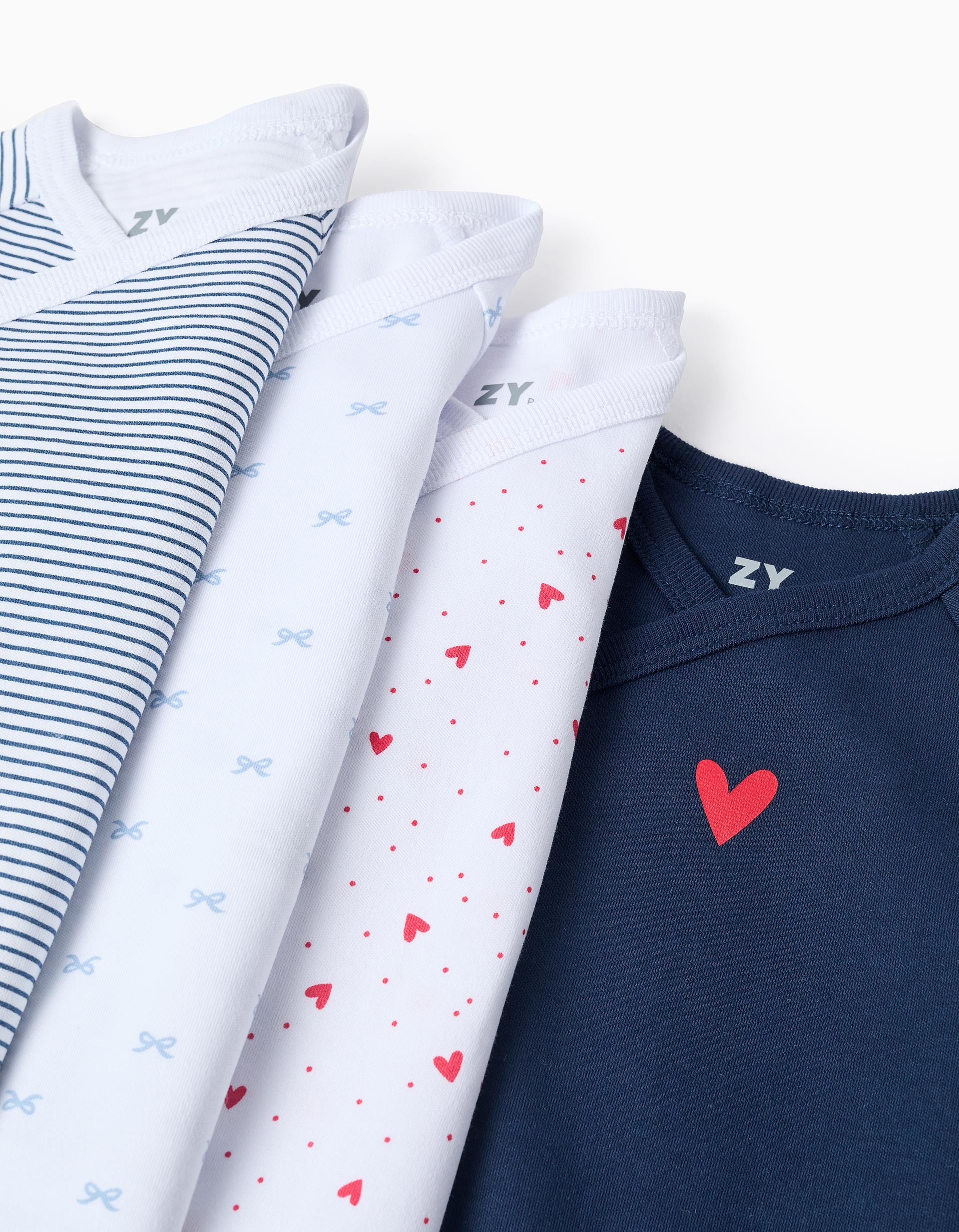 Lot de 4 Bodies Croisés 'Hearts' pour Bébé Fille, Blanc/Bleu