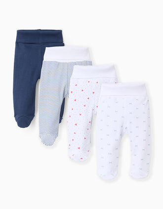 Lote de 4 Pantalones con Pies Extra Cómodos para Bebé 'Corazones', Blanco/Azul